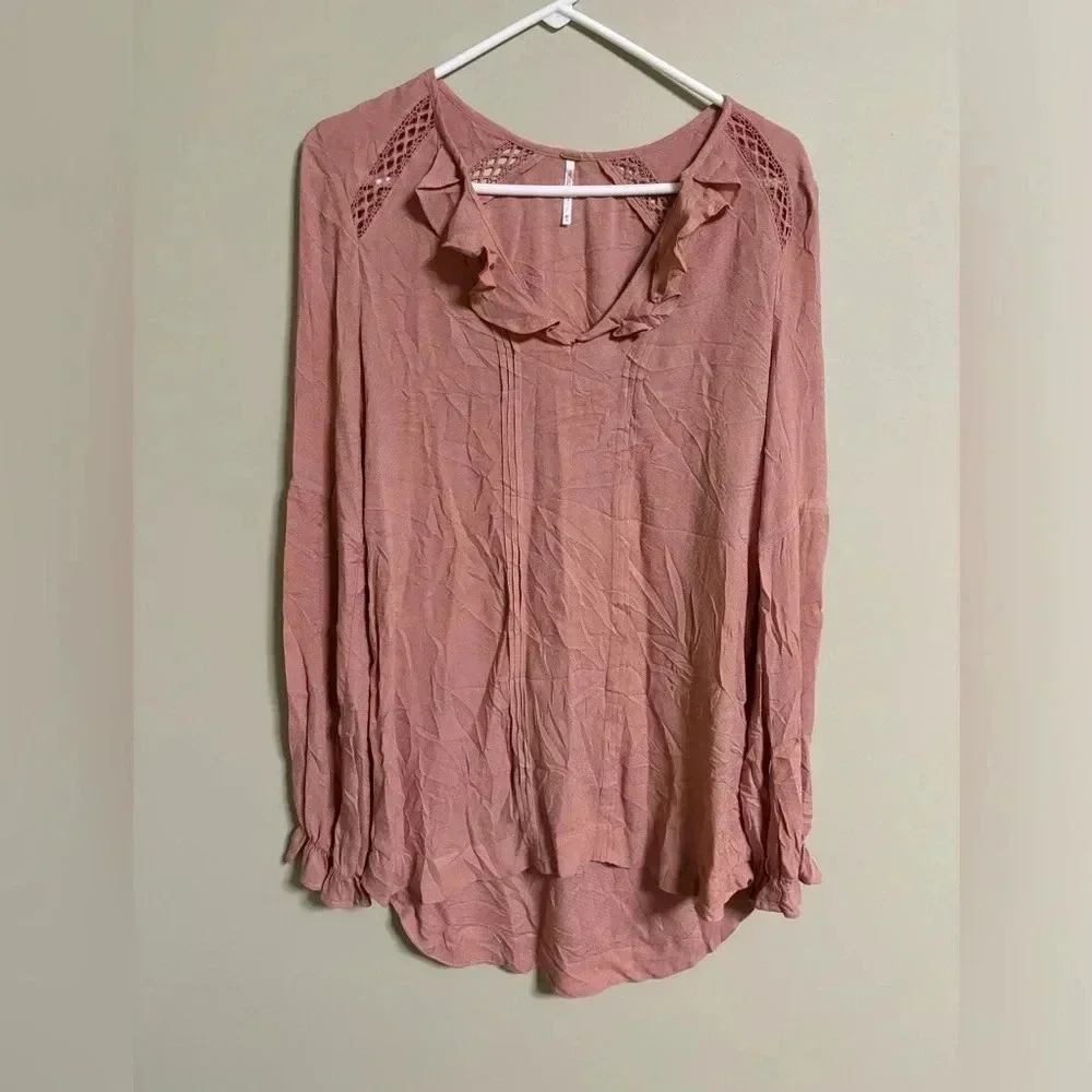 Free People Top Dusty Rose Peasant Tunic Boho Flowy Size XS Long Sleeve